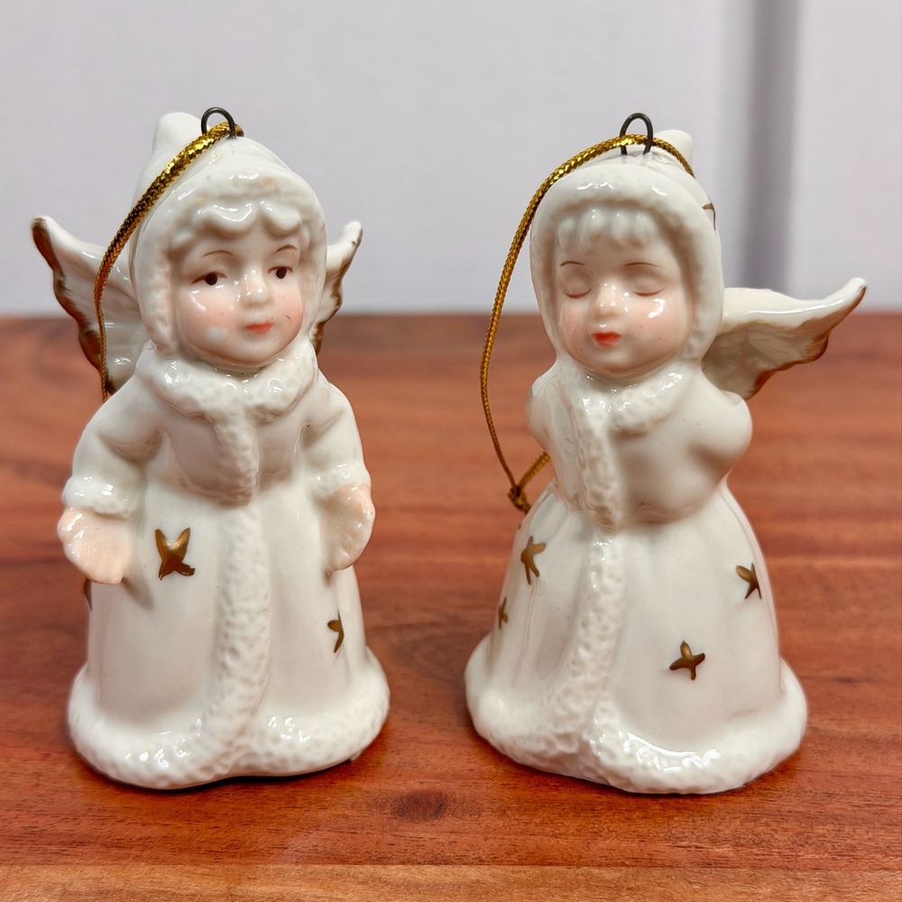 Pair of Ceramic Angel Bells White Gold Trim Christmas Ornaments Giftco Inc
